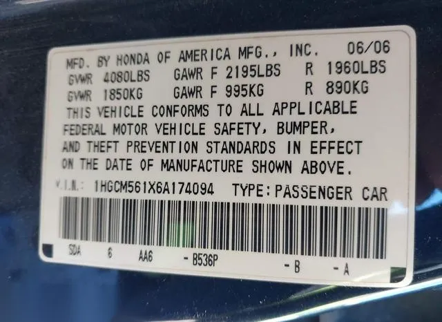 1HGCM561X6A174094 2006 2006 Honda Accord- 2-4 VP 9