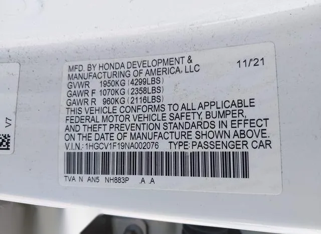 1HGCV1F19NA002076 2022 2022 Honda Accord- LX 9