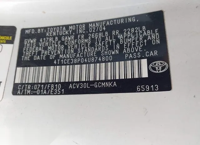 4T1CE38P04U874800 2004 2004 Toyota Camry- Solara SE 9