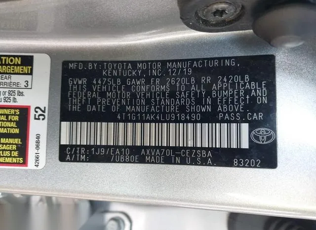 4T1G11AK4LU918490 2020 2020 Toyota Camry- SE 9