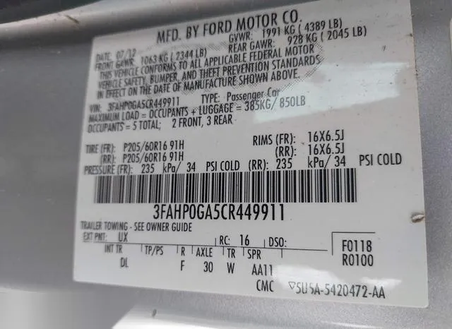 3FAHP0GA5CR449911 2012 2012 Ford Fusion- S 9