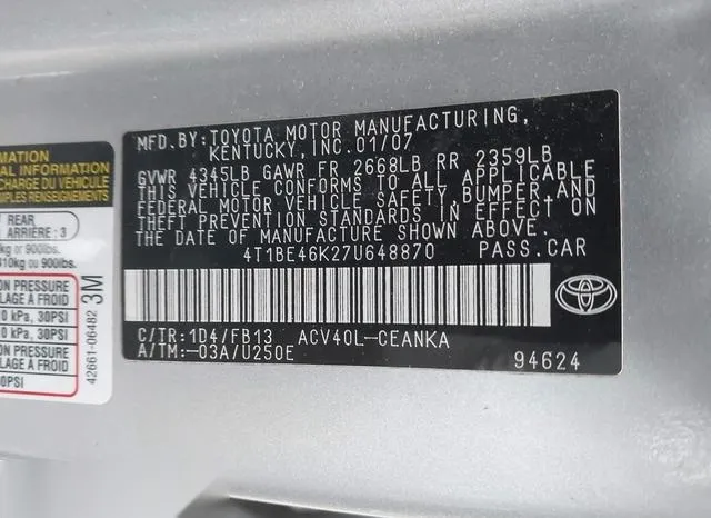 4T1BE46K27U648870 2007 2007 Toyota Camry- LE 9