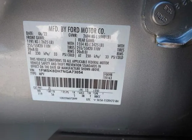 1FMSK8DH7NGA73054 2022 2022 Ford Explorer- Xlt 9