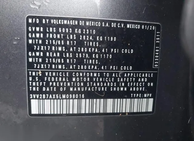 3VV2B7AX5LM098016 2020 2020 Volkswagen Tiguan 9