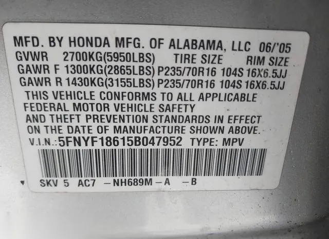 5FNYF18615B047952 2005 2005 Honda Pilot- Ex-L 9