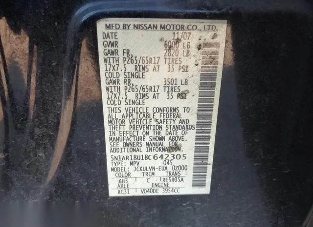 5N1AR18U18C642305 2008 2008 Nissan Pathfinder- LE 9