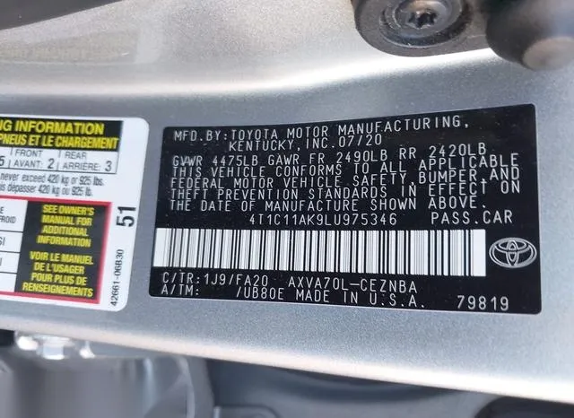 4T1C11AK9LU975346 2020 2020 Toyota Camry- LE 9