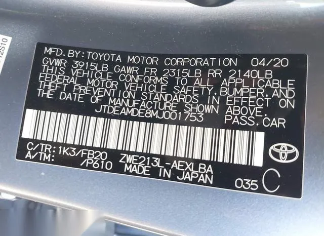 JTDEAMDE8MJ001753 2021 2021 Toyota Corolla- Hybrid Le 9