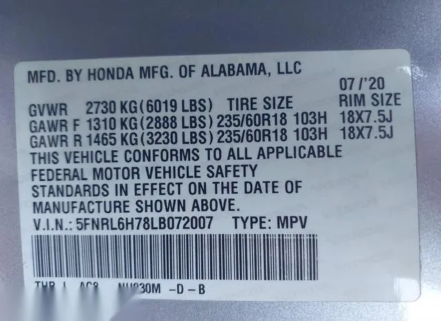 5FNRL6H78LB072007 2020 2020 Honda Odyssey- Ex-L/Ex-L W/Navi 9