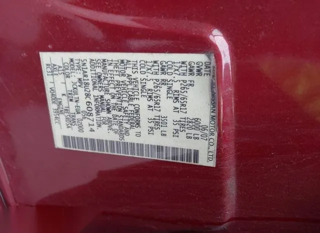 5N1AR18U28C608714 2008 2008 Nissan Pathfinder- SE 9