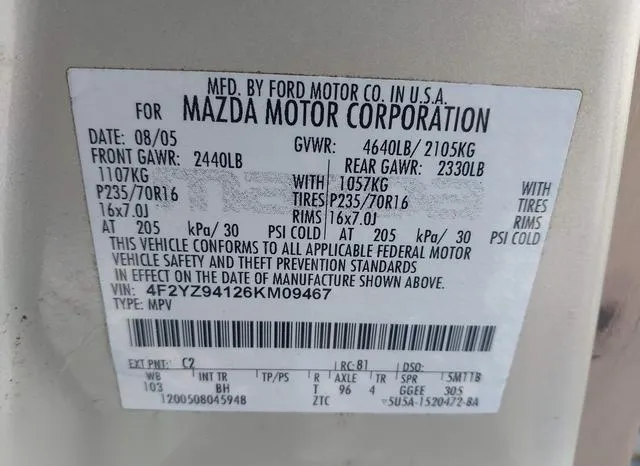 4F2YZ94126KM09467 2006 2006 Mazda Tribute- S 9