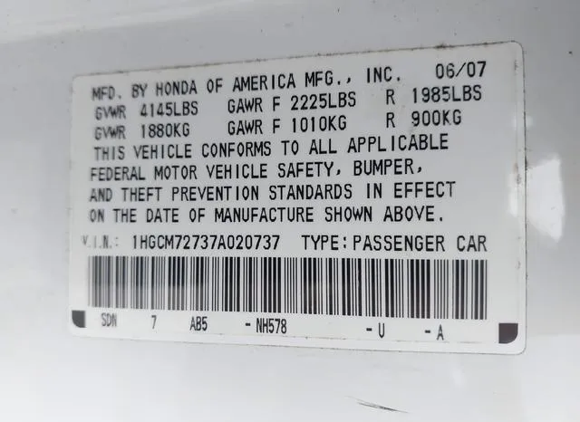 1HGCM72737A020737 2007 2007 Honda Accord- 2-4 EX 9