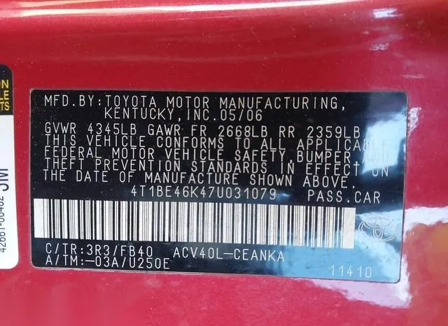 4T1BE46K47U031079 2007 2007 Toyota Camry- LE 9