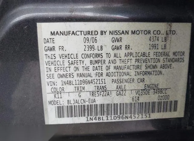 1N4BL11D96N452151 2006 2006 Nissan Altima- 3-5 SE 9