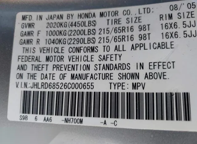 JHLRD68526C000655 2006 2006 Honda CR-V- LX 9