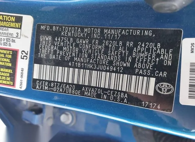 4T1B11HK3JU049412 2018 2018 Toyota Camry- SE 9