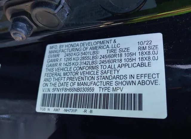 5FNYF8H66NB030959 2022 2022 Honda Passport- Awd Trailsport 9