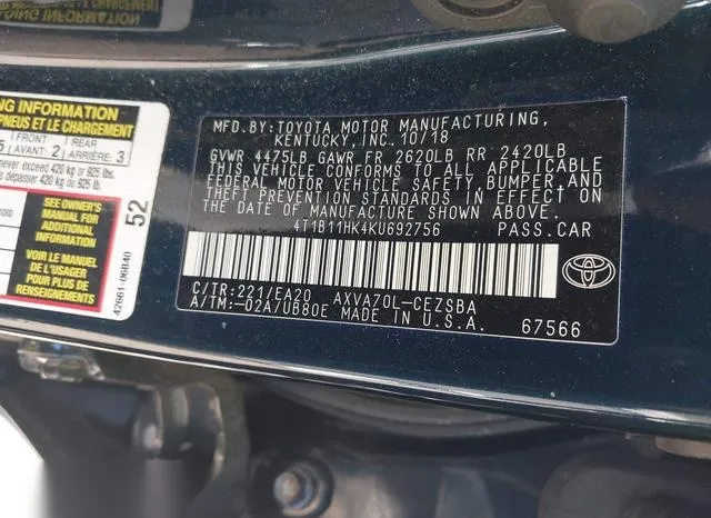 4T1B11HK4KU692756 2019 2019 Toyota Camry- SE 9