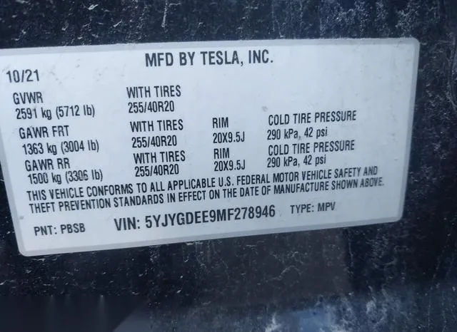 5YJYGDEE9MF278946 2021 2021 Tesla Model Y- Long Range Dual 8