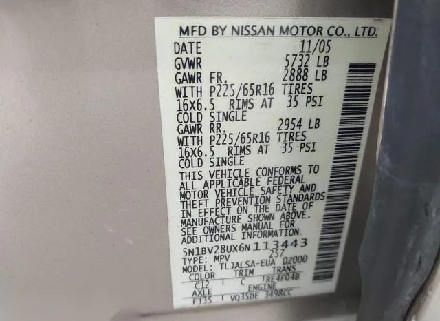 5N1BV28UX6N113443 2006 2006 Nissan Quest- 3-5 9