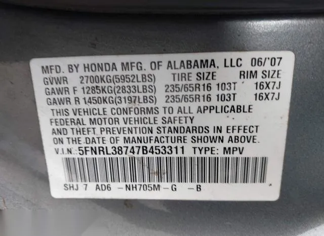 5FNRL38747B453311 2007 2007 Honda Odyssey- Ex-L 9