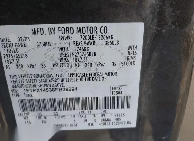 1FTPX14538FB38694 2008 2008 Ford F-150- Fx4/Lariat/Xl/Xlt 9