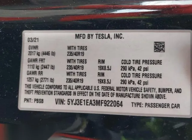 5YJ3E1EA3MF922064 2021 2021 Tesla Model 3- Standard Range P 9