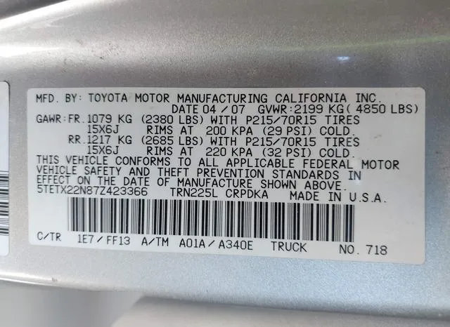 5TETX22N87Z423366 2007 2007 Toyota Tacoma 9