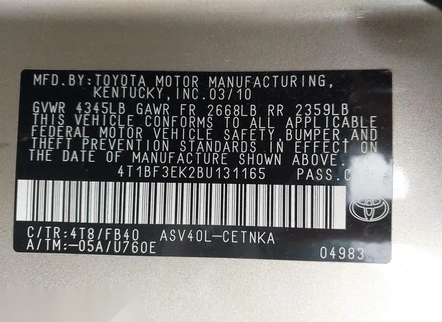 4T1BF3EK2BU131165 2011 2011 Toyota Camry- LE 9