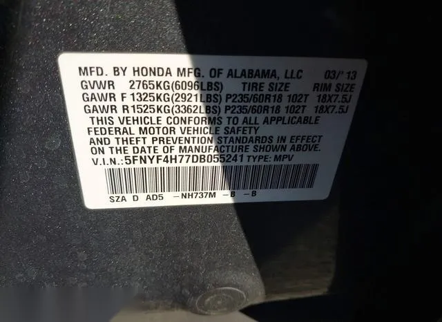 5FNYF4H77DB055241 2013 2013 Honda Pilot- Ex-L 9