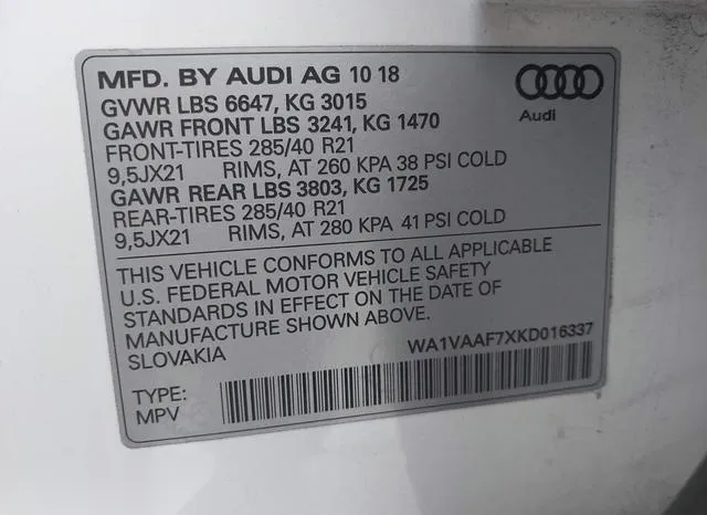 WA1VAAF7XKD016337 2019 2019 Audi Q7- 55 Premium 9