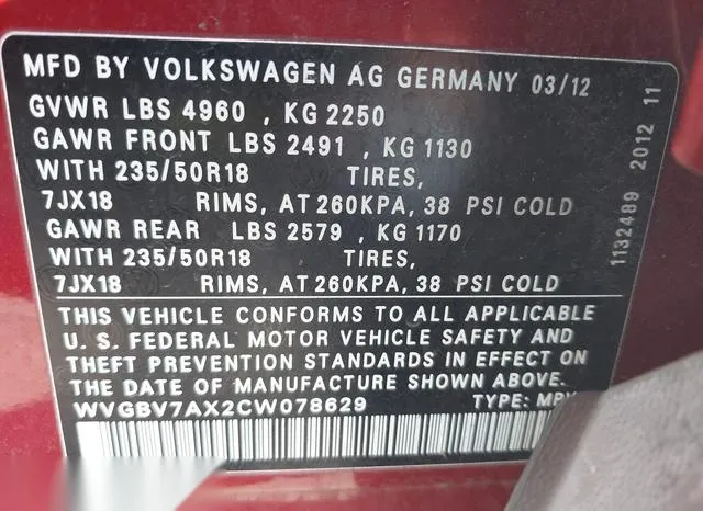 WVGBV7AX2CW078629 2012 2012 Volkswagen Tiguan- SE 9