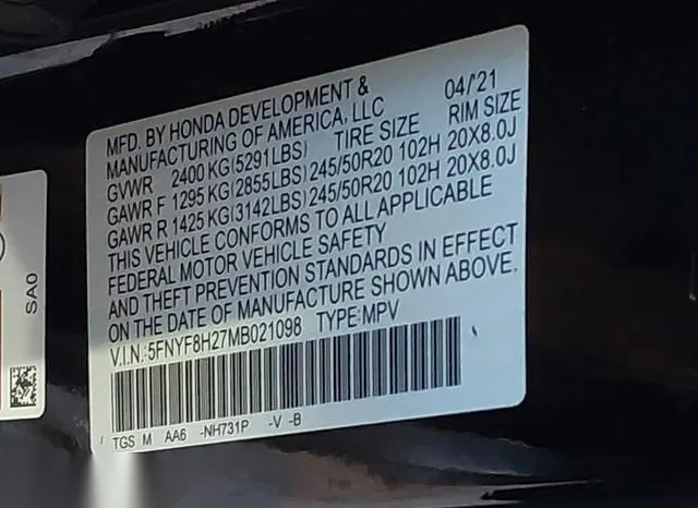 5FNYF8H27MB021098 2021 2021 Honda Passport- Awd Sport 9