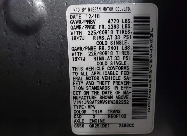 JN8AT2MV9KW392252 2019 2019 Nissan Rogue- SV 9