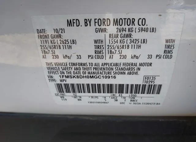 1FMSK8DH0MGC10916 2021 2021 Ford Explorer- Xlt 9