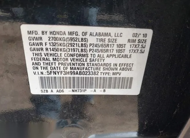 5FNYF3H99AB023382 2010 2010 Honda Pilot- Touring 9