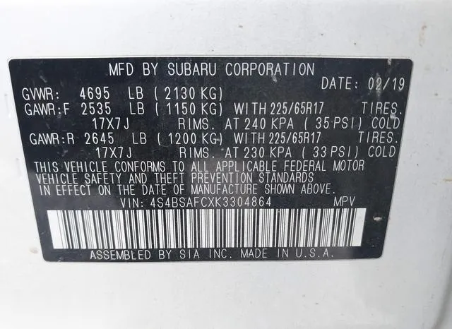 4S4BSAFCXK3304864 2019 2019 Subaru Outback- 2-5I Premium 9