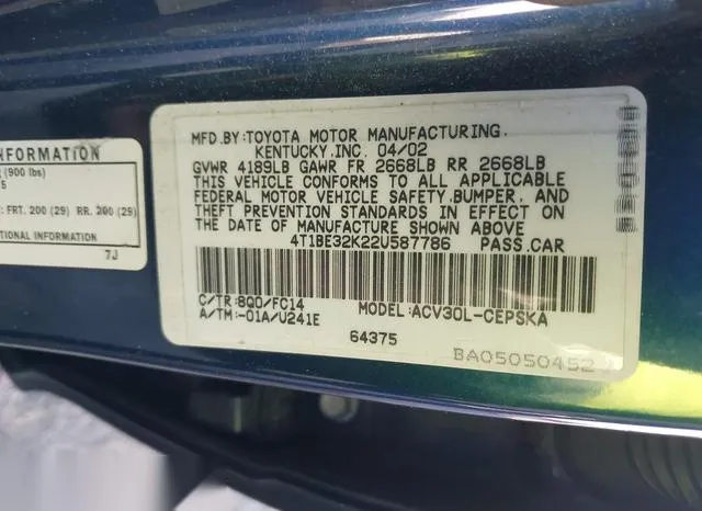 4T1BE32K22U587786 2002 2002 Toyota Camry- SE 9