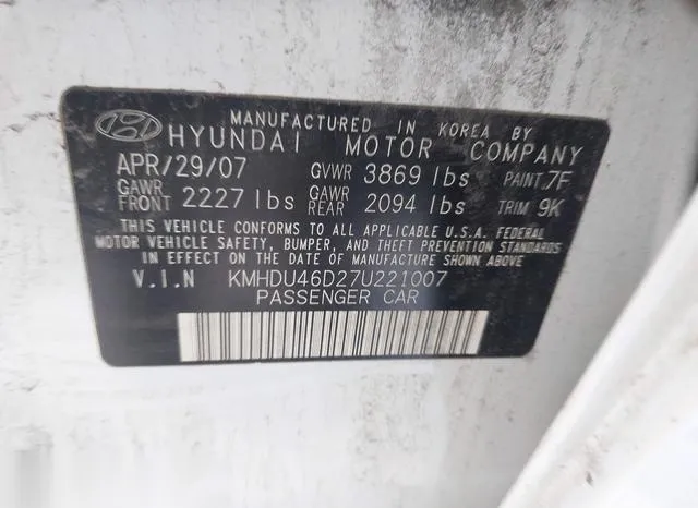 KMHDU46D27U221007 2007 2007 Hyundai Elantra- Gls/Limited/Se 9