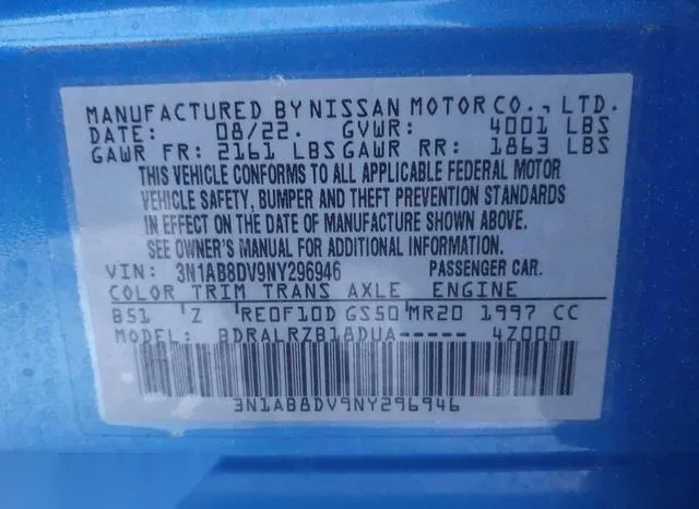 3N1AB8DV9NY296946 2022 2022 Nissan Sentra- Sr Xtronic Cvt 9