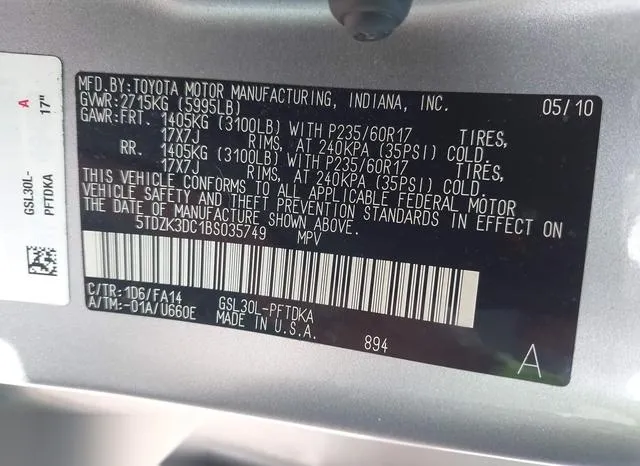 5TDZK3DC1BS035749 2011 2011 Toyota Sienna- Base V6 9