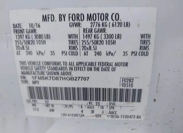 1FM5K7D87HGB27707 2017 2017 Ford Explorer- Xlt 9