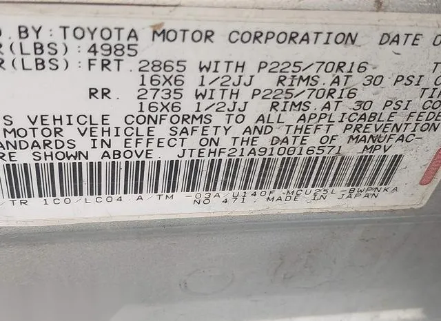 JTEHF21A910016571 2001 2001 Toyota Highlander- V6 9