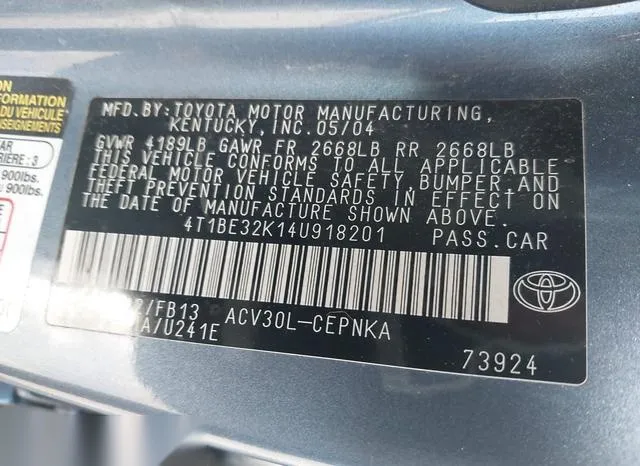 4T1BE32K14U918201 2004 2004 Toyota Camry- LE 9