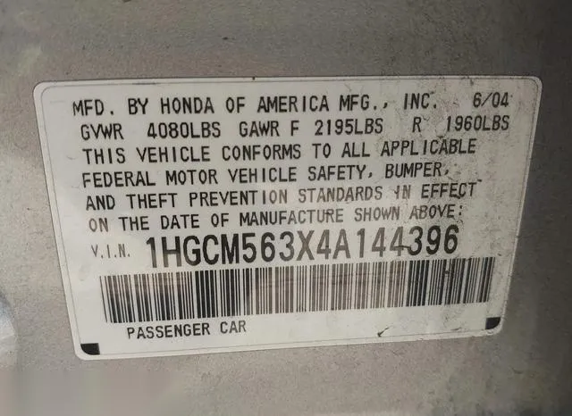 1HGCM563X4A144396 2004 2004 Honda Accord- 2-4 LX 9