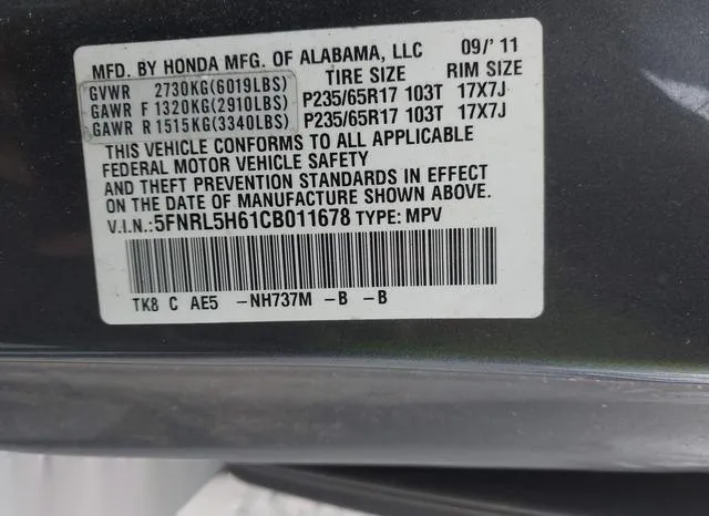 5FNRL5H61CB011678 2012 2012 Honda Odyssey- Ex-L 9