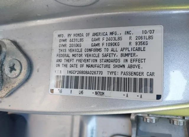 1HGCP26808A026770 2008 2008 Honda Accord- 2-4 Ex-L 9