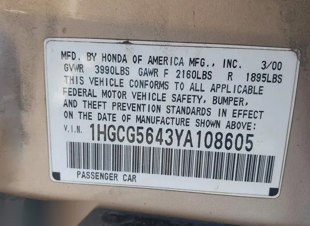 1HGCG5643YA108605 2000 2000 Honda Accord- 2-3 LX 9