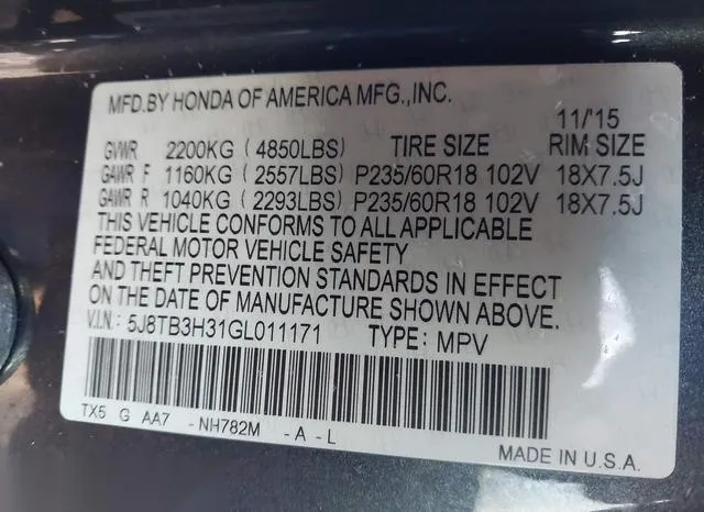 5J8TB3H31GL011171 2016 2016 Acura RDX- Acurawatch Plus Pkg 9