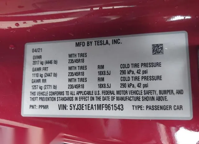 5YJ3E1EA1MF961543 2021 2021 Tesla Model 3 9